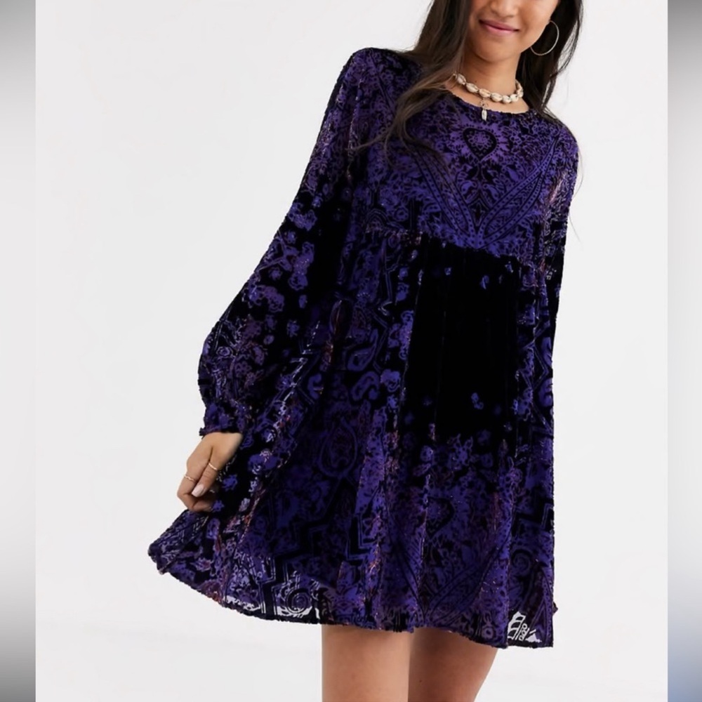 Free People Velvet Burnout Long Sleeve Mini Dress in Deep Purple